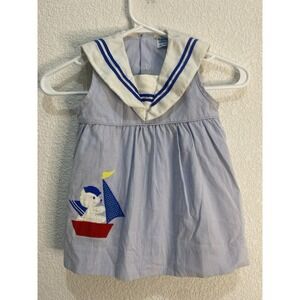 Vintage Nursery Rhyme Outfit‎ Girls Size 12th Blue Stripe Sailboat N55